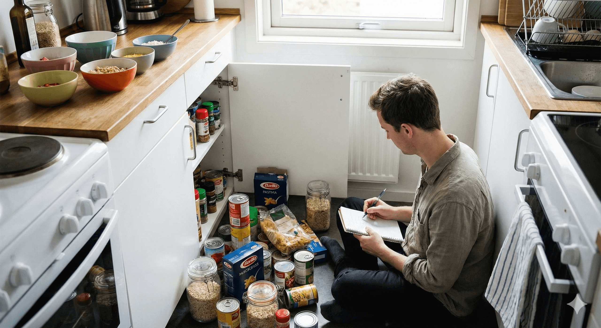 Man taking inventory of a full pantry.