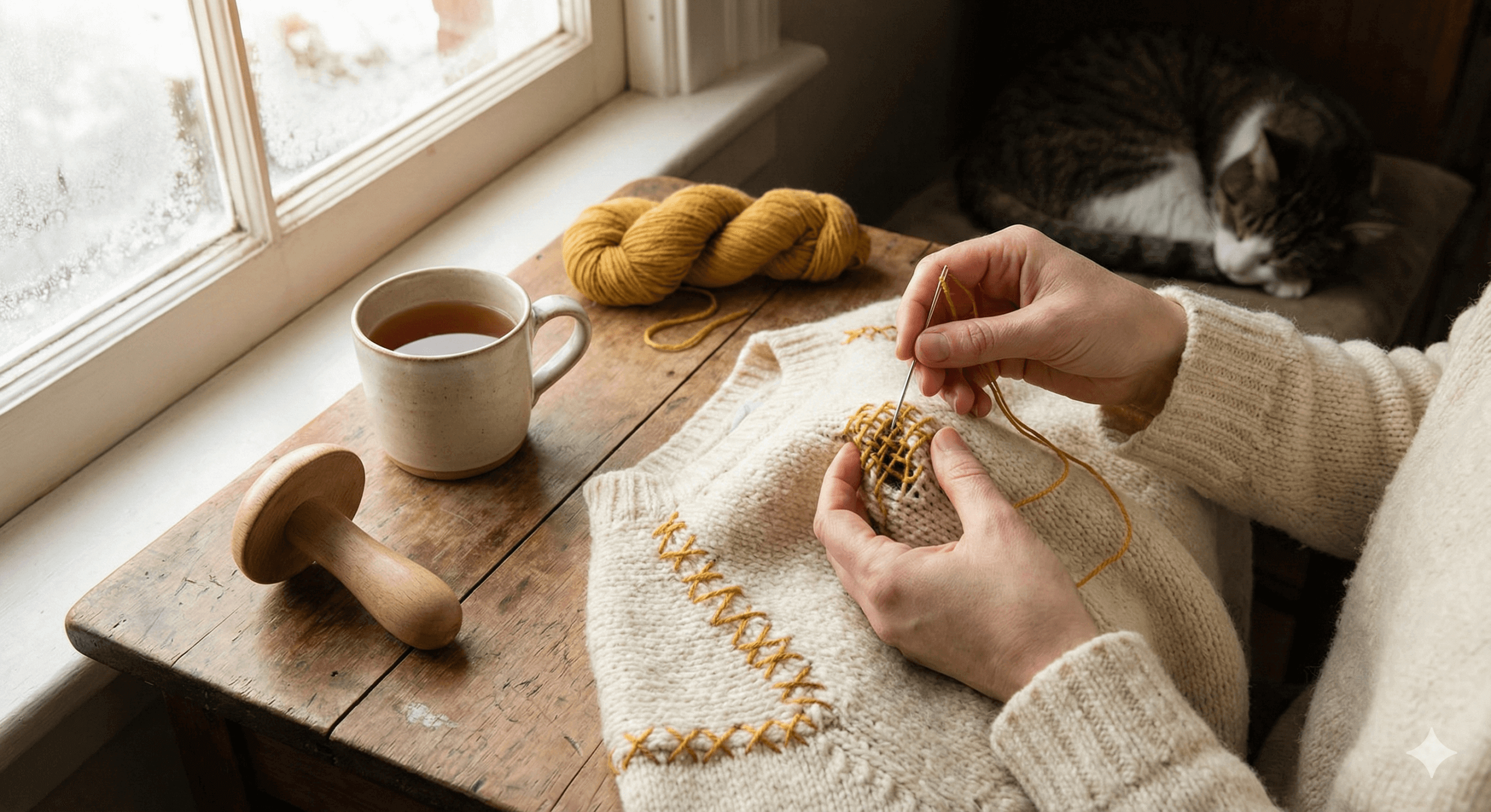 Mending a sweater to save money.