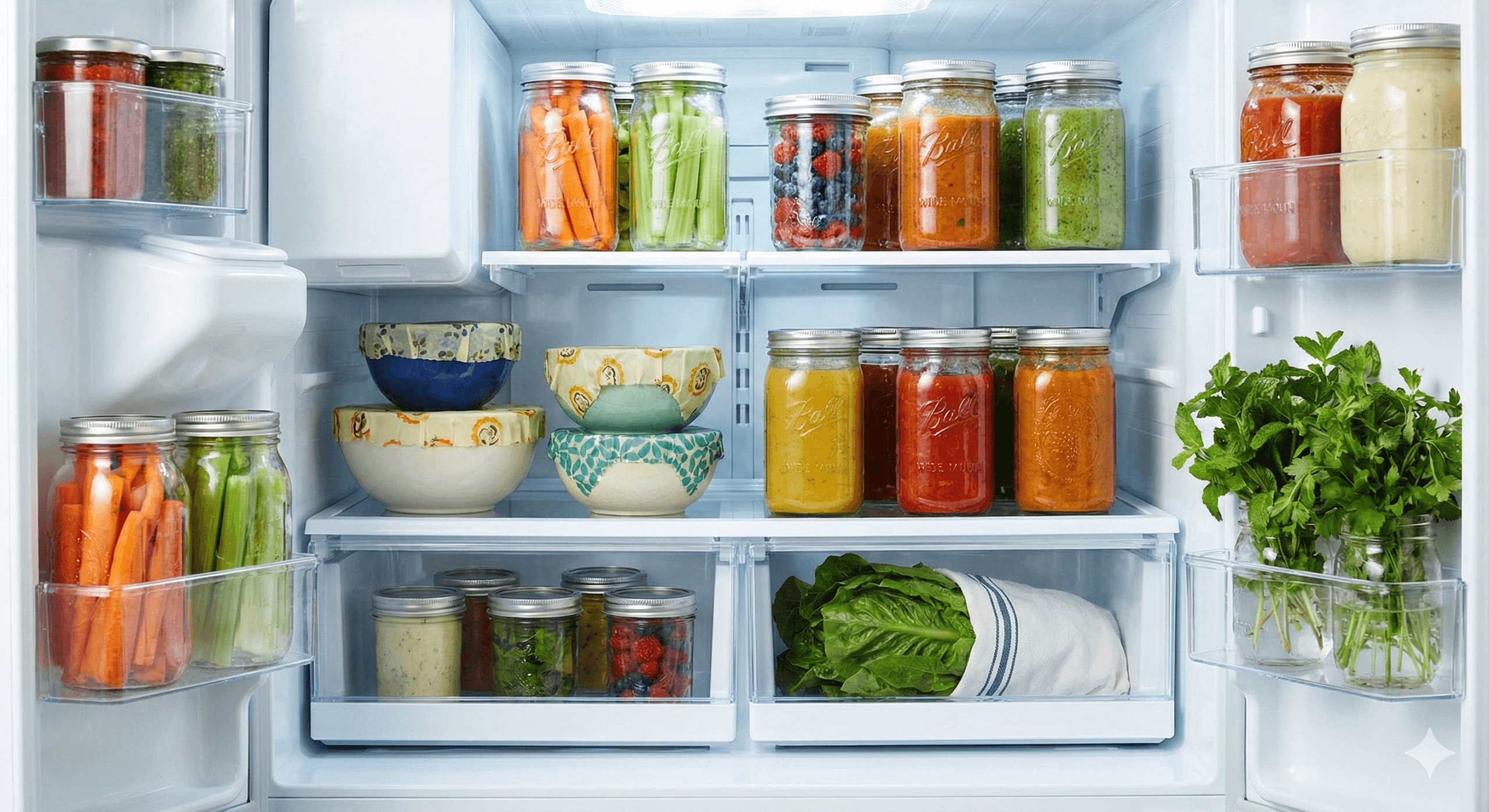 Refrigerator filled with food in reusable containers.